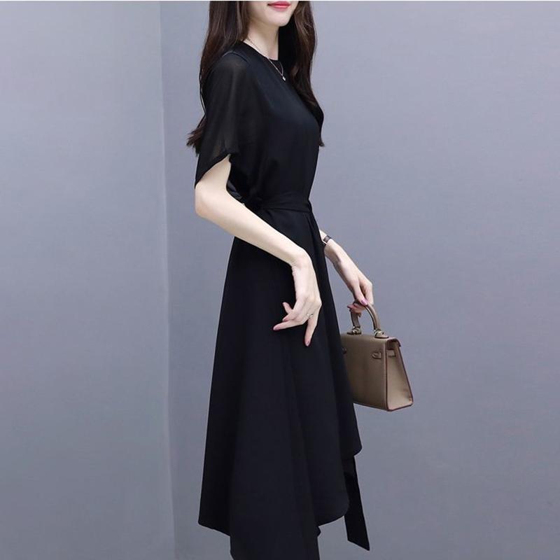 Black Dress Female Summer Mid-length Section Was Thin Chiffon Slim Temperament Off-shoulder Dress A-line Version Skirt Waist Was Thin