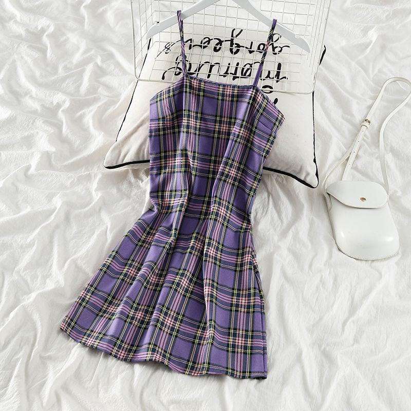 Purple Plaid Sling Dress 2 Pieces Ladies Suit Skirt Spring and Summer Sling  Casual Vacation Office Home