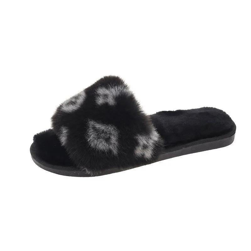Slippers for Women Winter Fur Cotton Slides Open Toe Luxury Designer Indoor Soft Lady Slippers Shoes Leopard Sexy Female Winter Slipper Plus Size
