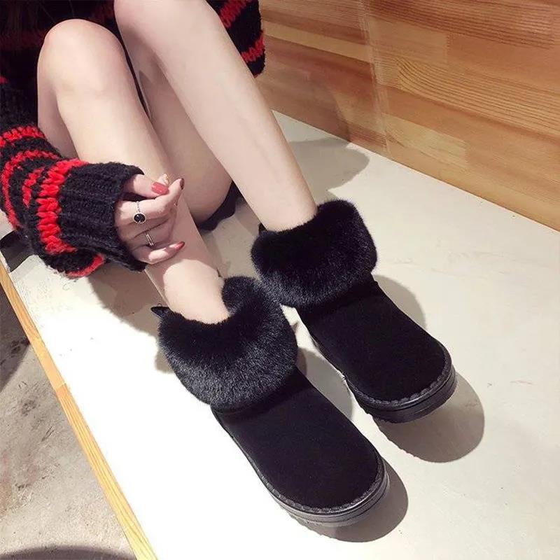 Snow Boots Women's Thick Furry Shoes Winter Cotton Shoes Women's Flat-heeled Mid-tube Boots Ankle Boots