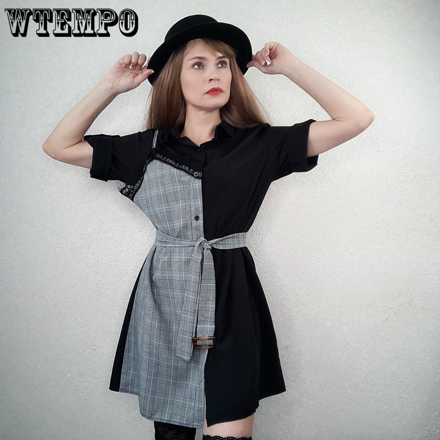 Summer Office Lady Black Dress Stitching Shirt Dress Simple Plus Size Dresses with Belt