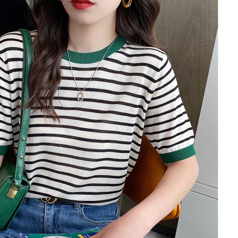 Ice Silk Short-sleeved Knitted Sweater Women's Thin Striped T-shirt Bottoming Summer Half-sleeved Short Top