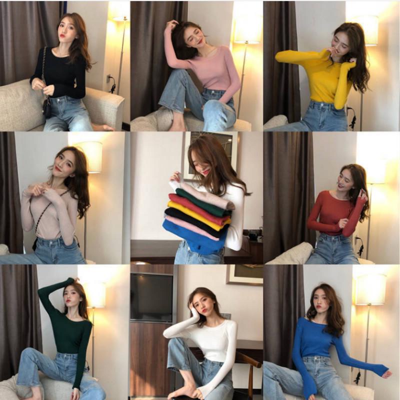 PofuLove Solid Color Simple Long Sleeve Bottoming Retro Round Neck Pullover Slim Sweater Sweater