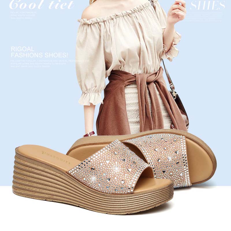 Women's Sandals and Slippers for Summer Wear Non-slip Fashion High-heeled Slope with Flip-flop Platform Rhinestone Slippers