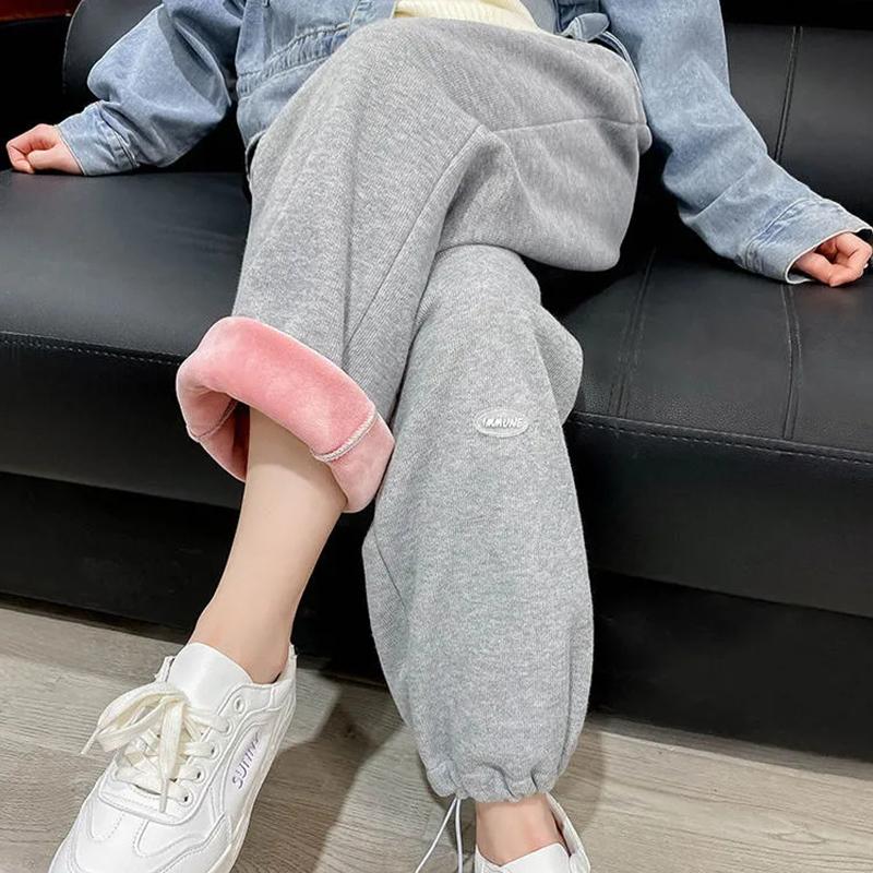 Autumn and Winter Plus Velvet Thick Sports Pants Women's Loose and Thin Wide-leg Straight Pants Gray Leggings Outer Wear Casual Sweatpants