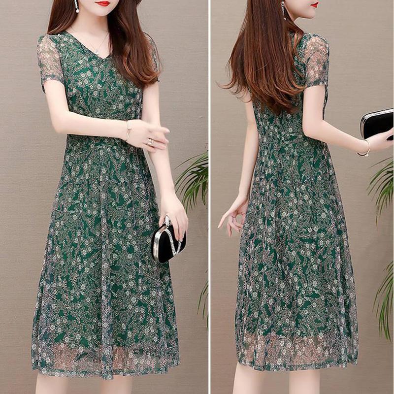 Floral Dress Women Summer A-line Dresses Long V-neck Veil