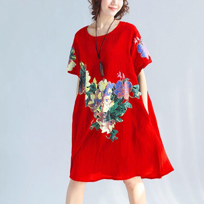 WTEMPO Plus Size Ladies Dress Summer Short Sleeve Round Neck Casual Knee-length Dress
