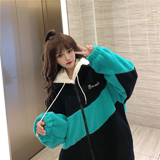 Autumn and Winter Stand-collar Lamb Velvet Jacket Winter Female Plus Velvet Thickening Student Campus Wind Casual Korean Jacket