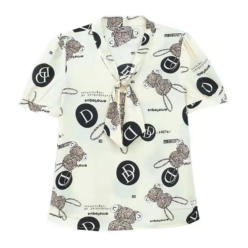 Short-sleeved Chiffon Shirt Ladies Temperament Shirt Summer Top Women's Small Shirt V-neck Neckline Tie Bowknot Fabric Light and Breathable