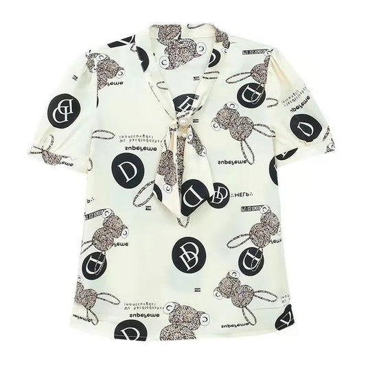 Short-sleeved Chiffon Shirt Ladies Temperament Shirt Summer Top Women's Small Shirt V-neck Neckline Tie Bowknot Fabric Light and Breathable