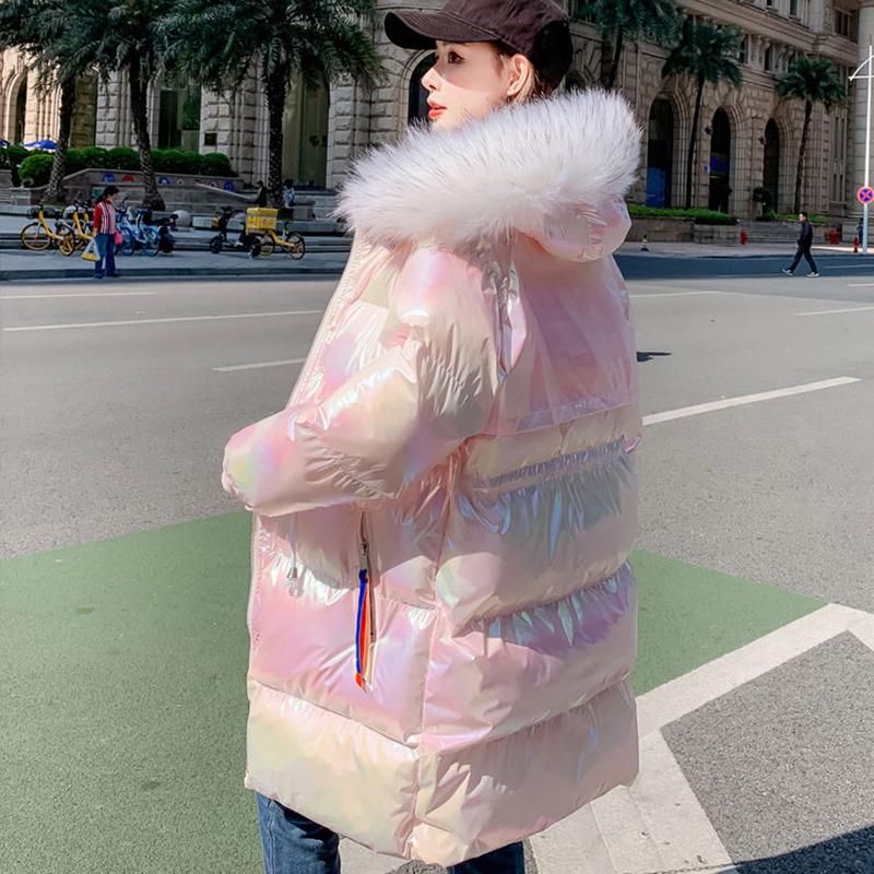 Women's Bright Face Hooded Down Jacket Mid-length Korean Loose Thick Coat Warm Cotton Coat Large Wool Collar Winter Quilted Coat