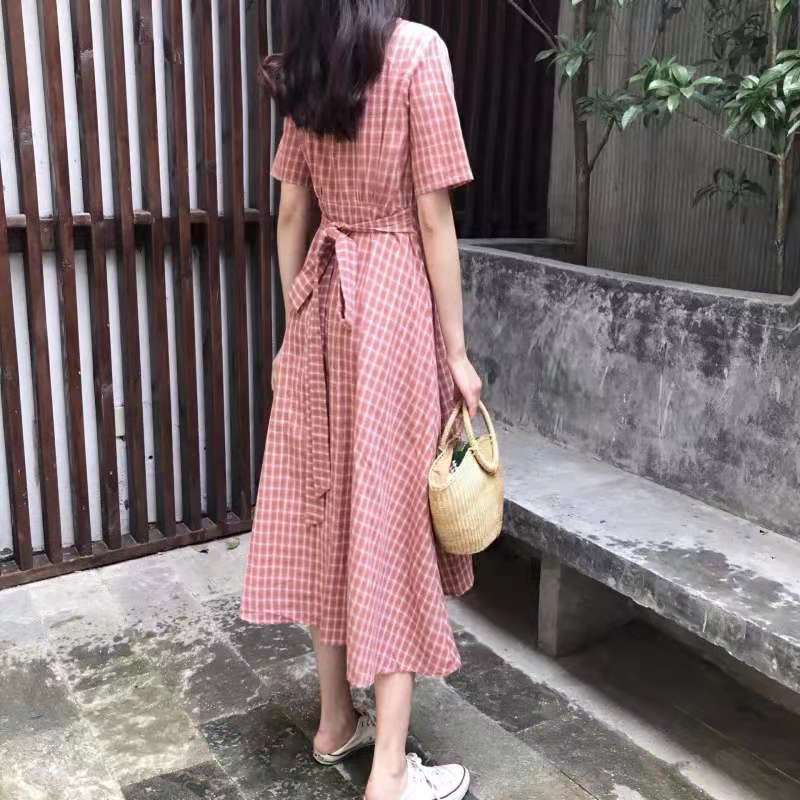 Dress Women Plaid V-neck long Sleeve Loose Fashion Leisure Sweet Korean Style Backless Lace-up Chic Student Ulzzang All-match