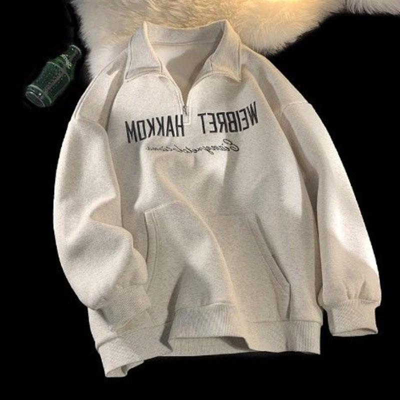 Women's High Street Polo Shirt Sweater Spring and Autumn Loose Ins Lazy Style Top Ladies Bf Thin Long Sleeve Big Pocket Pullover Coat