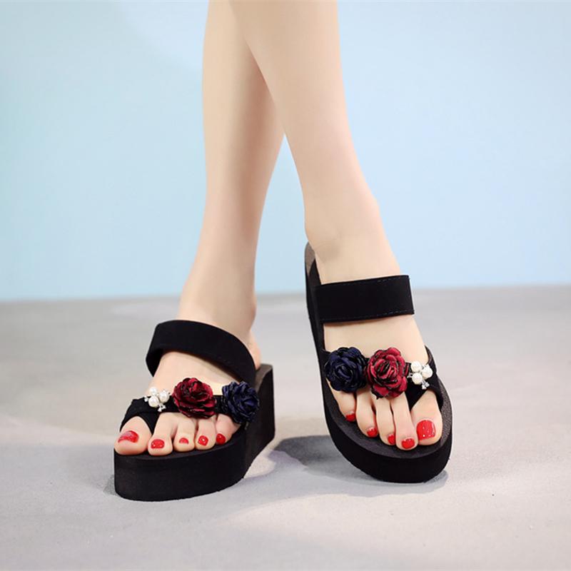 Summer Cute Sandals Female High-heeled Flip Flops Female Slippers Non-slip Slope with Thick-soled Seaside Vacation Beach Shoes