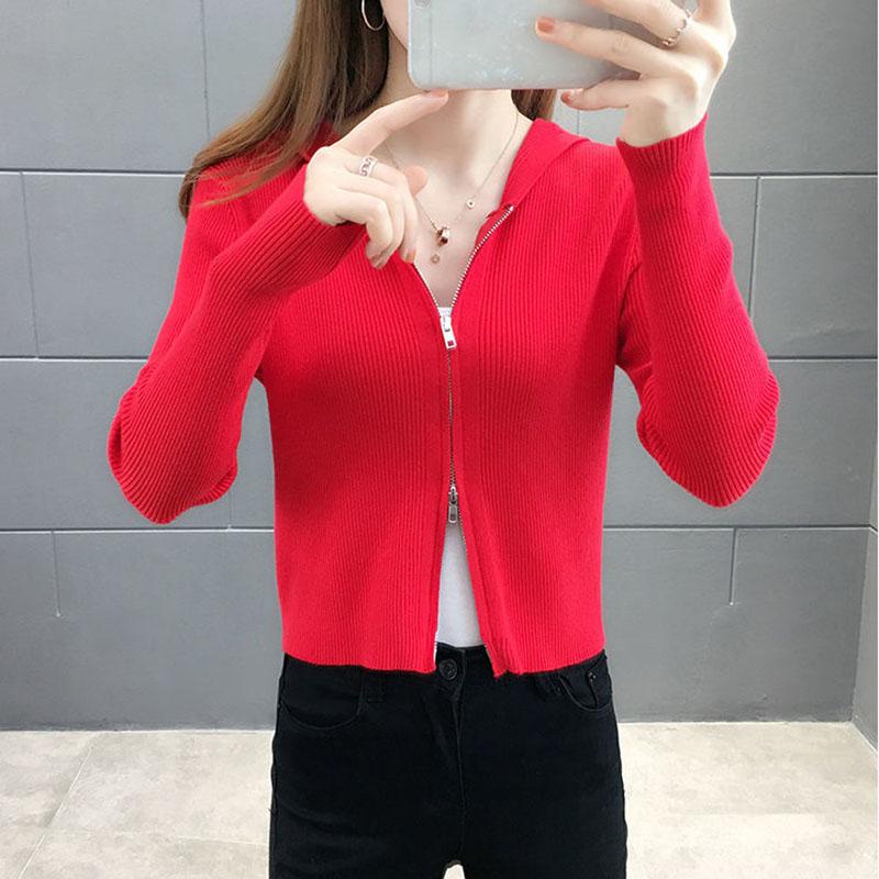 Spring and Autumn Knitted Cardigan Sweater Short Hooded Slim Top Solid Color Zipper Female Jacket