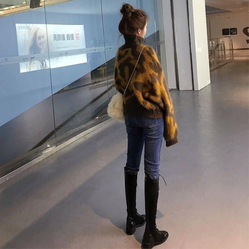 2 Colors Sexy Lady Turtleneck Leopard Sweater Knitwear Loose Pullover Jumper Short Top