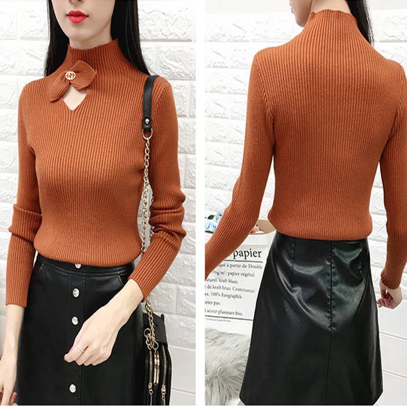 Pofulove Winter turtleneck sweater bow hollow Slim bottoming Knitted pullover short sweater women