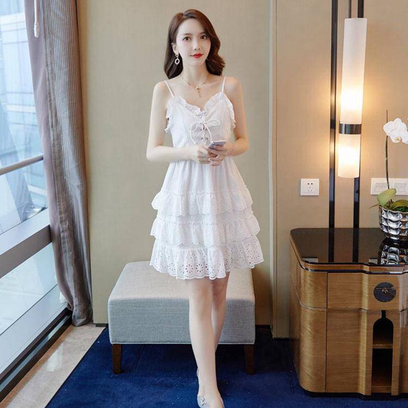 Fashion Summer Sexy V-neck Multi-layer Strap Dress Ruffled Lace Dress Backless Vacation Beach Dress