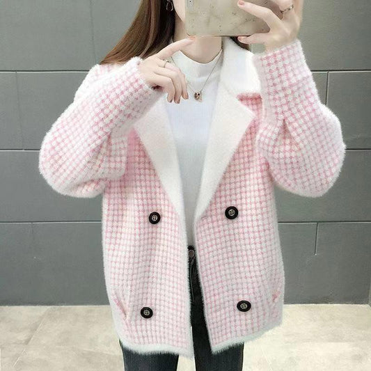 Fuzzy Sweater for Women Faux Mink Fur Checker Knitted Jacket Double-breasted Short Knitted Cardigan Coat