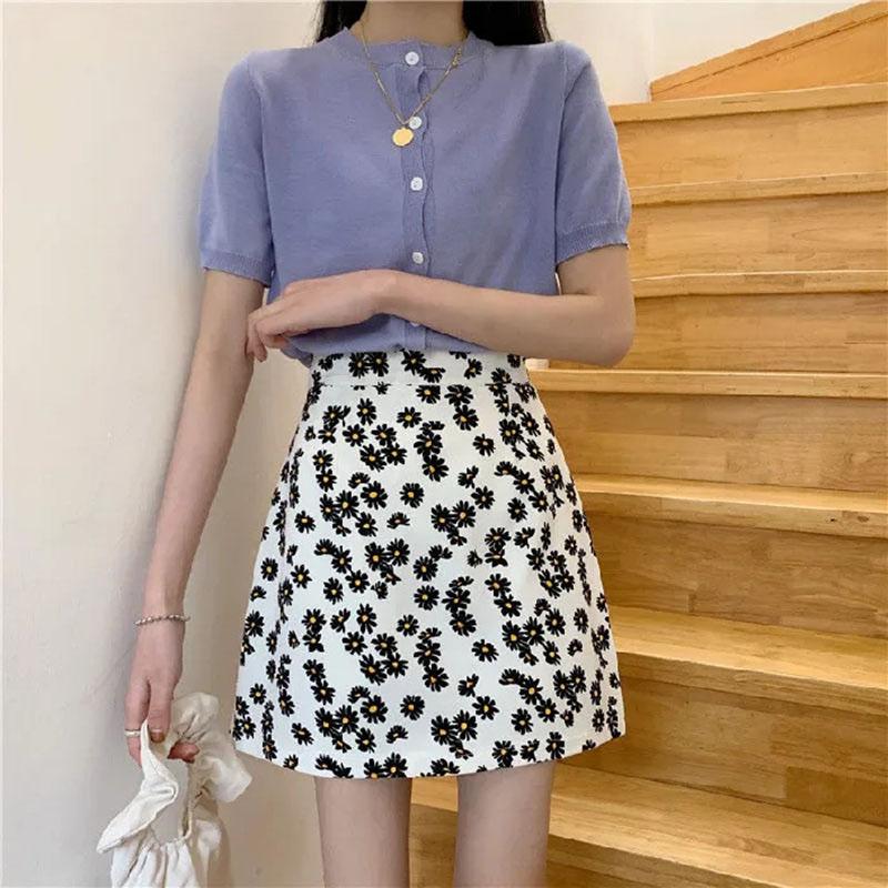 Wrinkled Chrysanthemum Chiffon Skirt Summer Women's Flower Printed Short Skirt A-line High Waist Retro Bag Hip Skirt Thin All Match Casual Mini Skirt