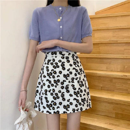 Wrinkled Chrysanthemum Chiffon Skirt Summer Women's Flower Printed Short Skirt A-line High Waist Retro Bag Hip Skirt Thin All Match Casual Mini Skirt