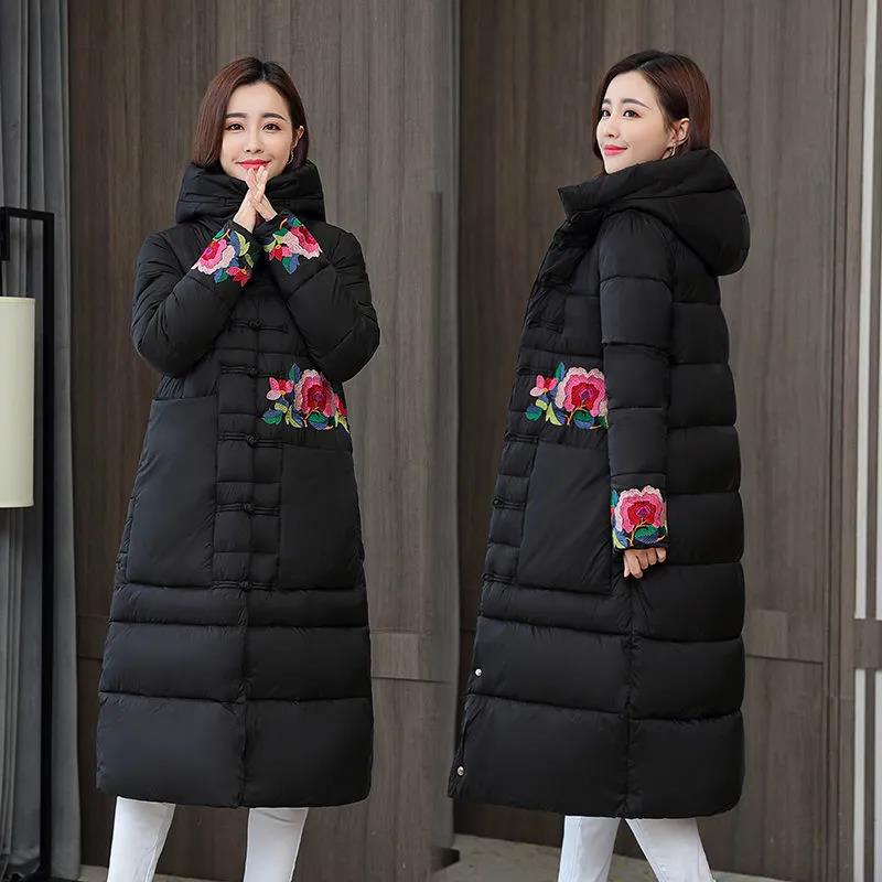 Winter Women's Ethnic Embroidery Down Jacket Mid-length Retro Buckle Hooded Cotton Jacket