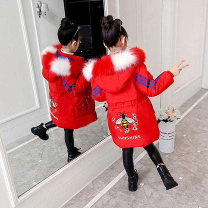 Winter Girl's Cotton Padded Jacket Thickened Medium Length Parka Jacket Children's  Printed Hooded Jacket with Removable Fur Coll