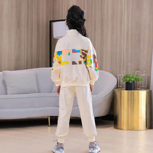 Girls Spring and Autumn Suit Thin Section Breathable Lightweight Sports Casual Letter Printing Pullover Loose Children's Two-piece Set
