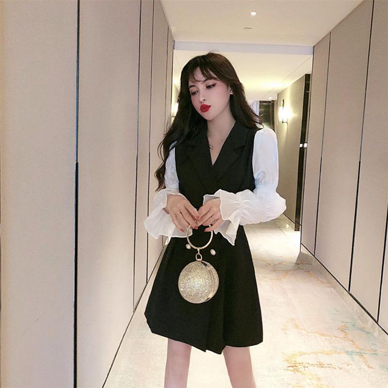 Goddess Fan Clothes Suit Skirt Double Breasted Temperament Bubble Long Sleeve Dress Women's