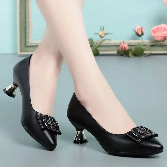 Black Soft Leather Shoes Soft Sole Comfortable All-match Work Shoes Women's Medium-heeled High Heels Non-slip Wear-resistant