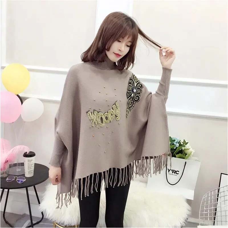 2021 New Autumn and Winter High Neck Women's Plus Size Sweater Loose Bat Sleeve Jacket Knit Sweater Cloak-style Tassel Shawl