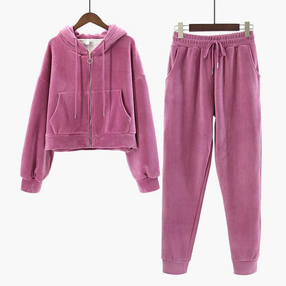 Zipper Hooded Jacket Sweater Women's Suit Spring and Autumn Plus Velvet Thickening Sports and Leisure Two-piece Trend