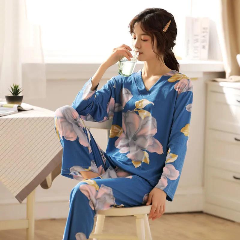 Women's Long-sleeved Floral Printing V-neck Pajamas Suit Home Wear Set Spring Sweet Casual Large Size Loose Pajamas Two-piece Set