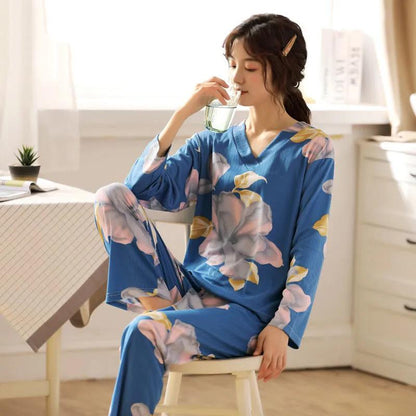 Women's Long-sleeved Floral Printing V-neck Pajamas Suit Home Wear Set Spring Sweet Casual Large Size Loose Pajamas Two-piece Set