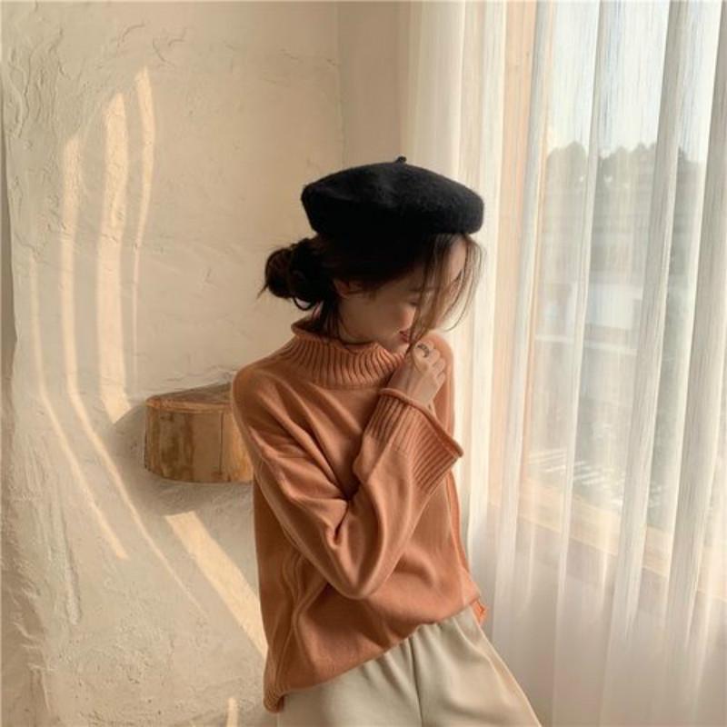 Pofulove sweater women autumn and winter students loose half turtleneck knitted soft milk blue top
