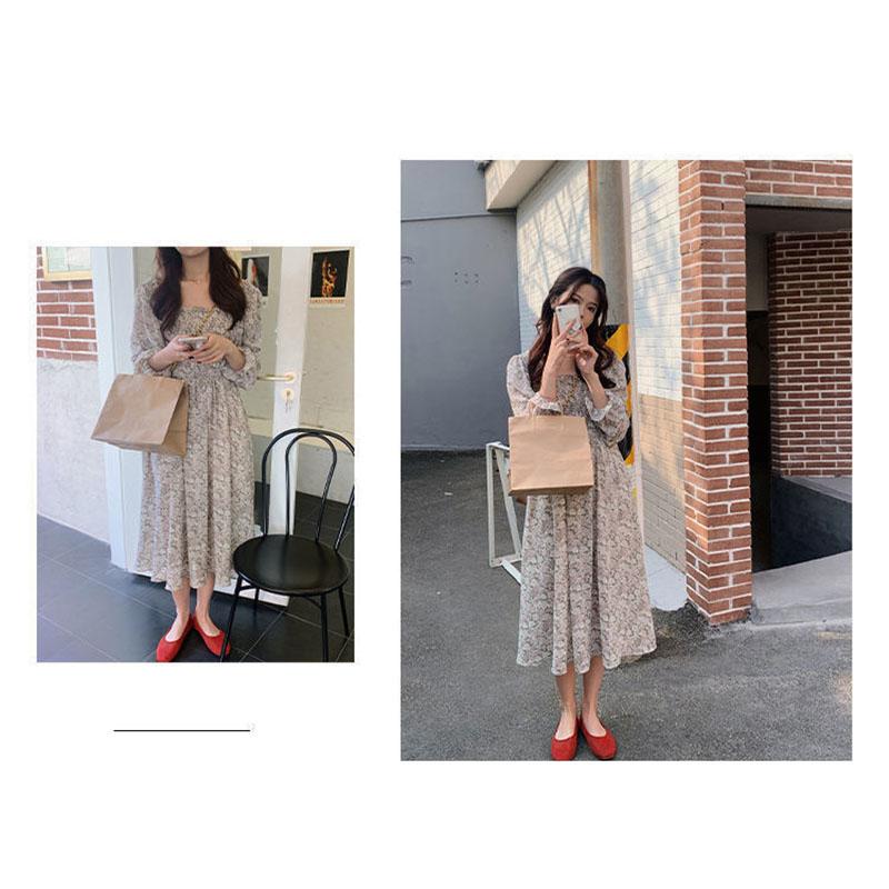 Gentle Color All-match Floral Mid-length Slim Chiffon Midi Skirt Dress