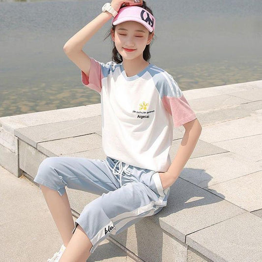 Sports Suit Women's Short-sleeved Cute T-shirt Summer Casual Loose Sports Pants Fabric Soft and Light Breathable Home Wear Sports Suit