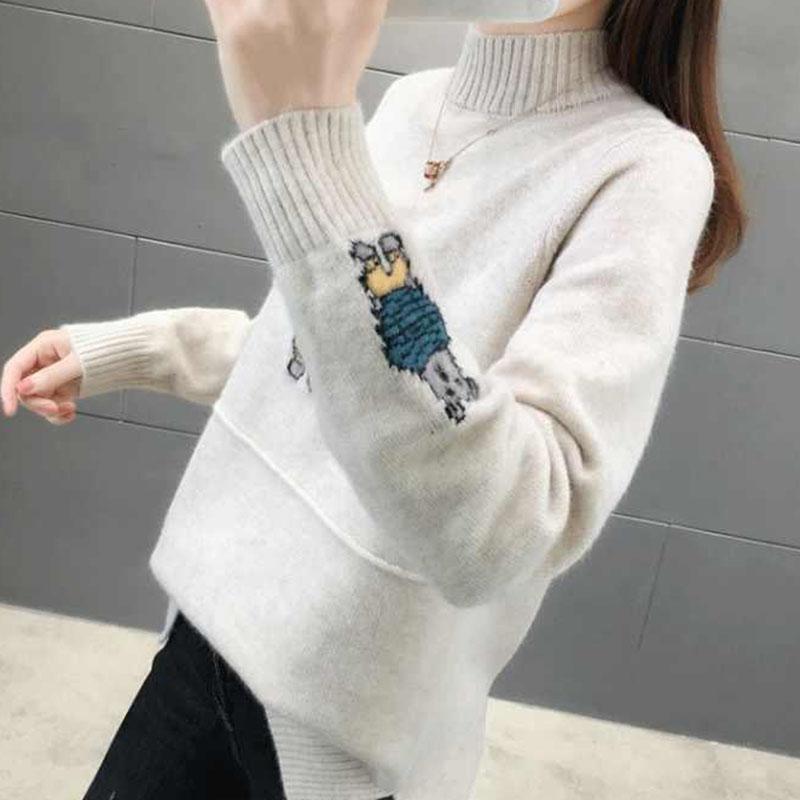 Autumn and Winter Half Turtleneck Sweater Loose Large Size Knitted Bottoming Shirt Jacquard Cute Style Female Top