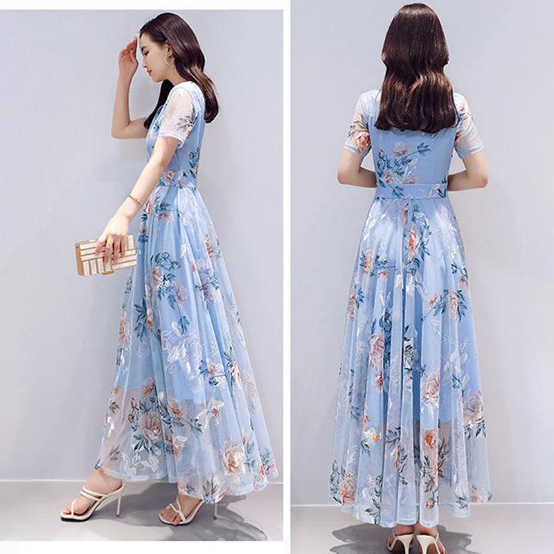 Embroidered Net Yarn Printed Chiffon Dress Summer Long Waist Short-sleeved Beach Skirt Long Skirt Temperament Elegant Long Skirt Women