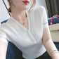 Ice Silk V-Neck Short Sleeve T-Shirt Simple Versatile Slim Fit Thin Button Splicing Knit Sweater Top Thin Section