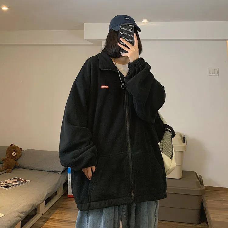 Women's Autumn and Winter Cardigan Sweater Ins Loose Korean BF Lazy Style Plus Velvet Thick Stand Collar Coat Unisex Warm Zipper Jacket