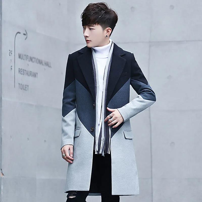 Spring & Fall Wool Coat Men Casual Slim Windbreaker V-neck Business Jacket Trend Comfortable  Parka Long