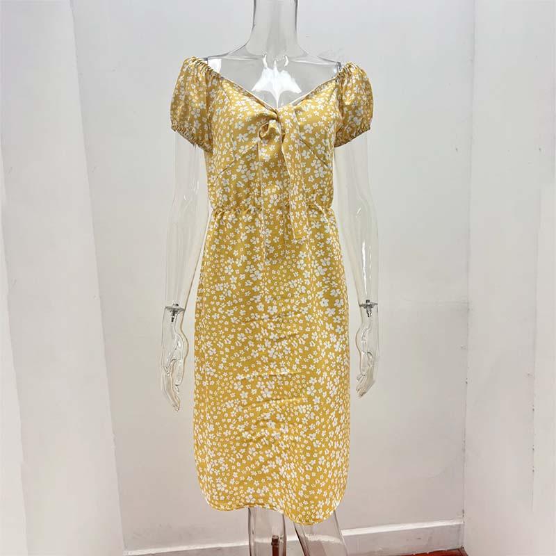 Summer Print Dress Women's Fashion V-neck Backless Lace-up Casual Dress