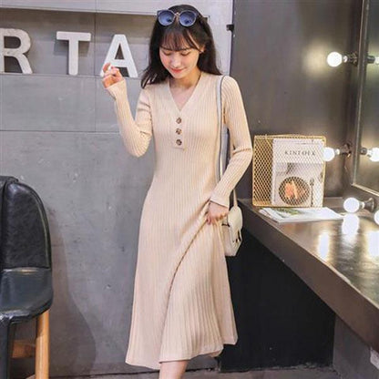 Over The Knee Long Sweater Dress In Autumn and Winter, Slim V-neck Long-sleeved Bottoming Shirt, Buttocks Knitted Female Dress
