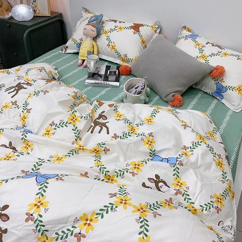 Modern Minimalist Korean Flower Print Bed Four-piece Girl Bedroom Bed Sheet Quilt Cover Student Dormitory Four-piece Set