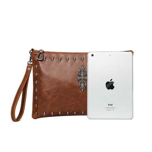 Business Briefcase Men Rivet Leather Large Capacity Pocket Anti-theft Handbag Computer IPAD Bag