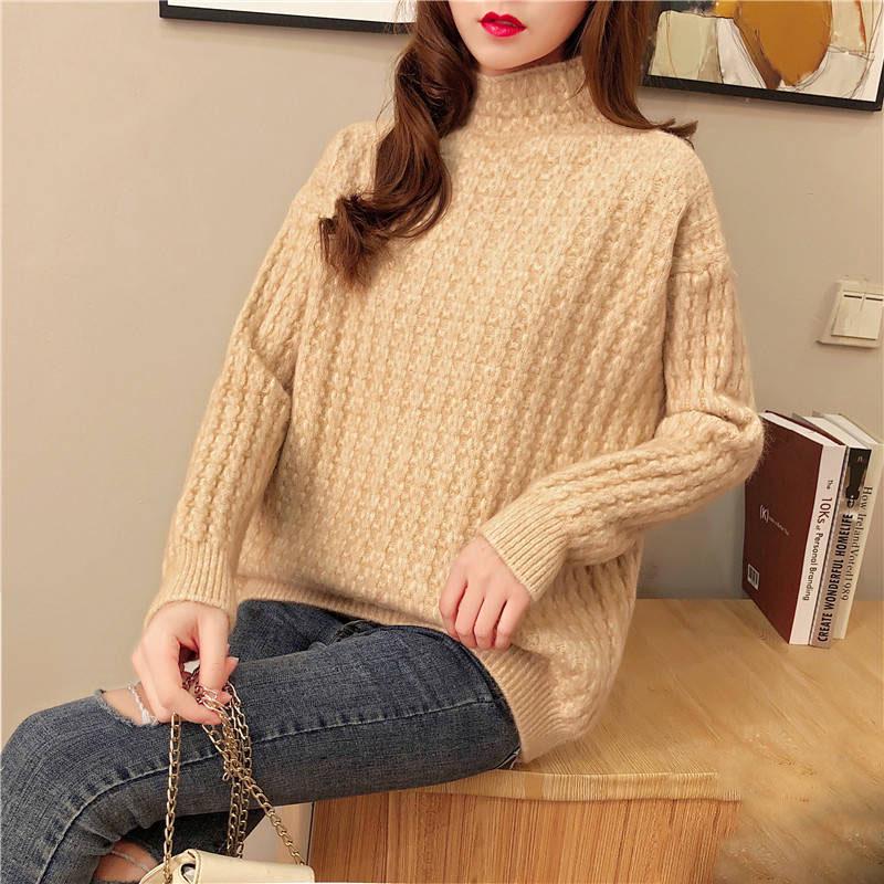 Pofulove Alpaca Half-high Collar Pullover Sweater Women Loose Fall Winter Bottoming Thick Shirt
