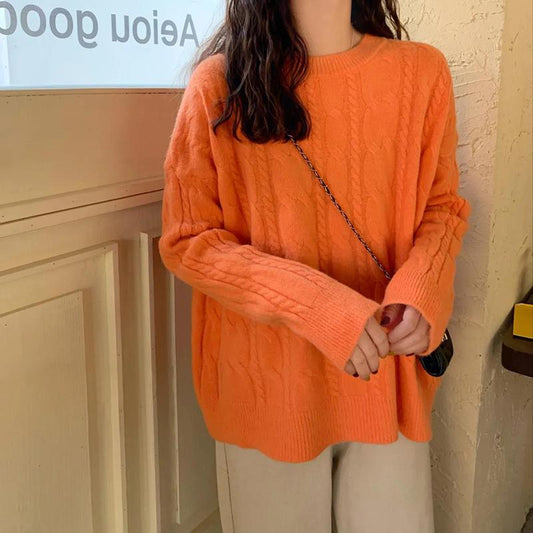 Winter Autumn Acrylic Women's Knitted Sweater Twist Pullover Loose Style Women's Long-sleeved Round Neck