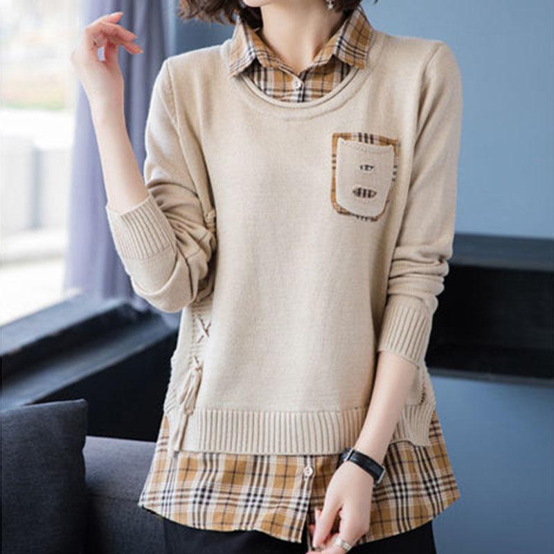 Spring and Autumn Shirt Collar Knitted Top Loose and Thin Long Sleeve Top Fashion Casual Women's Undershirt