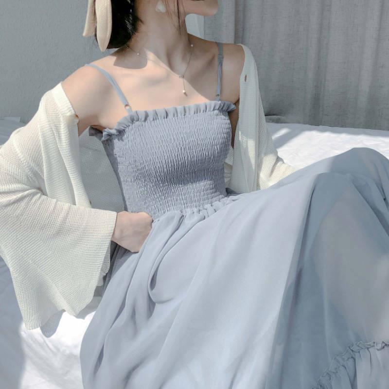 Summer Chiffon Spaghetti Strap Dress Women Sexy A-line Strapless Dress Beach Party Dress